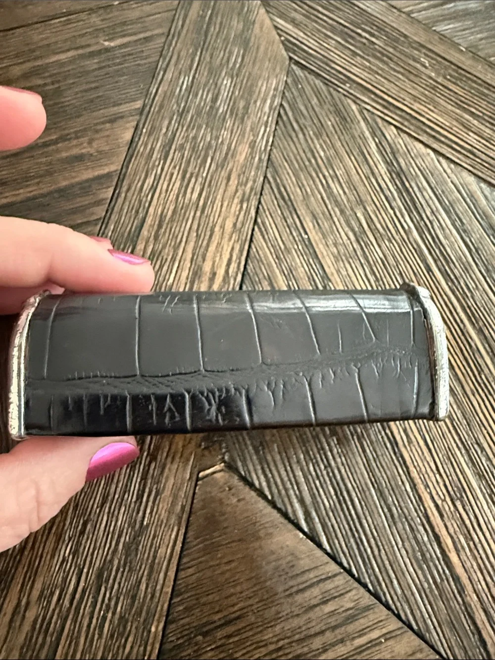 Brighton Black Croc Embossed Leather Lipstick Case Heart Snap Mirror Makeup Hold